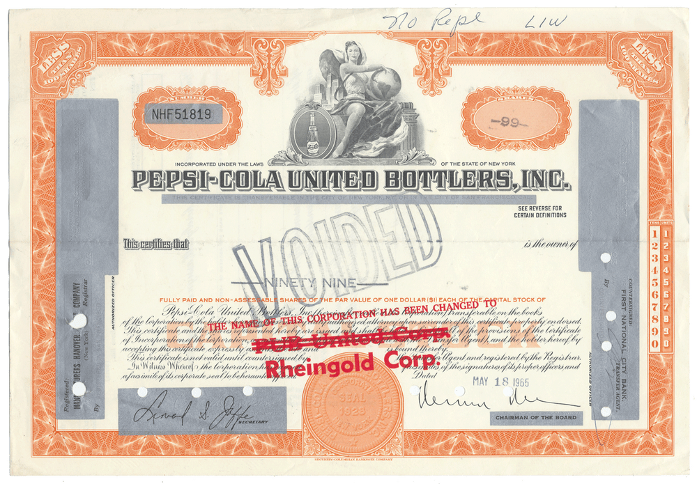 Pepsi-Cola United Bottlers, Inc. stock certificate