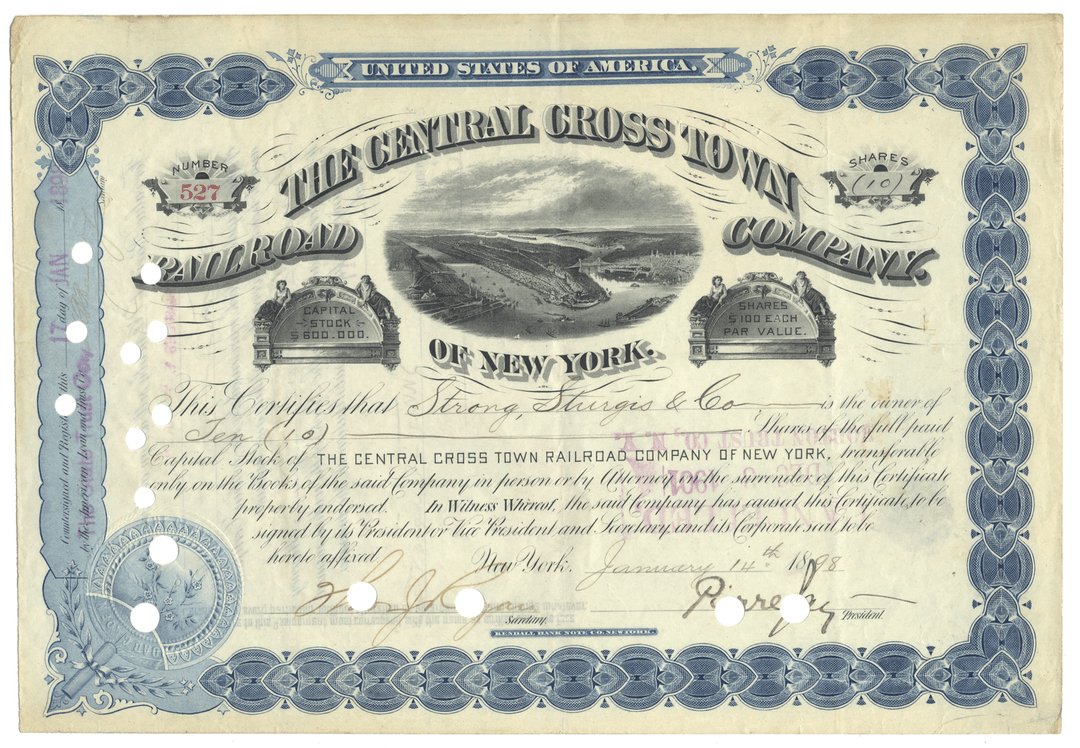 Vintage stock certificate for The Central Cross Town Railroad Company of New York from 1898