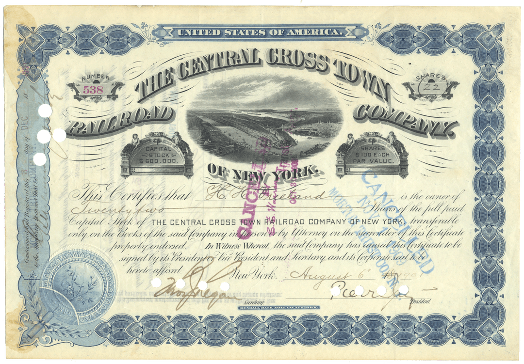 Central Cross Town Railroad Company of New York antique stock certificate from 1901