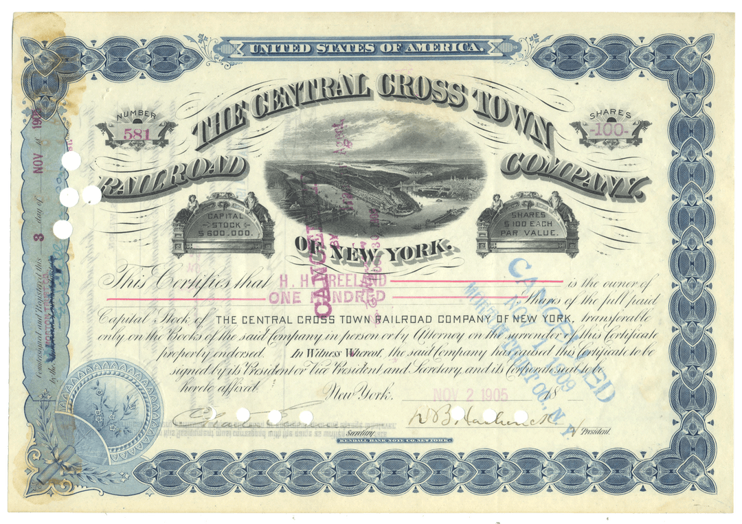 An antique stock certificate from The Central Cross Town Railroad Company of New York, dated 1905.