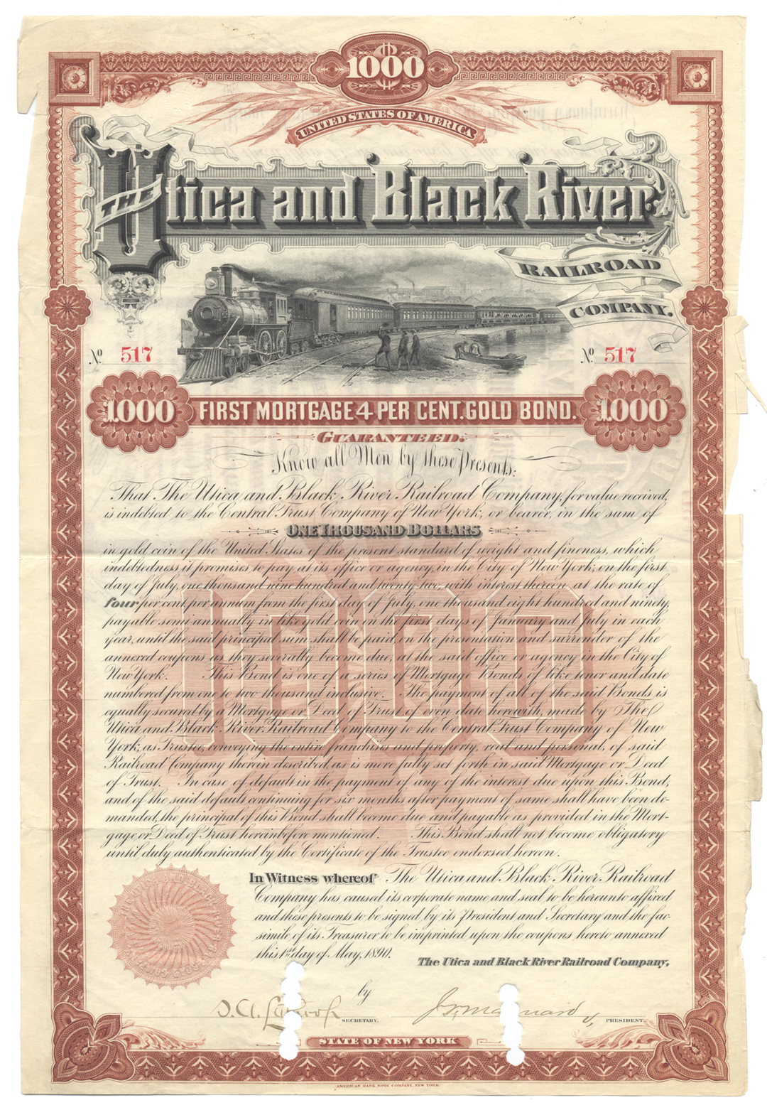 Utica and Black River Railroad Company Bond Certificate