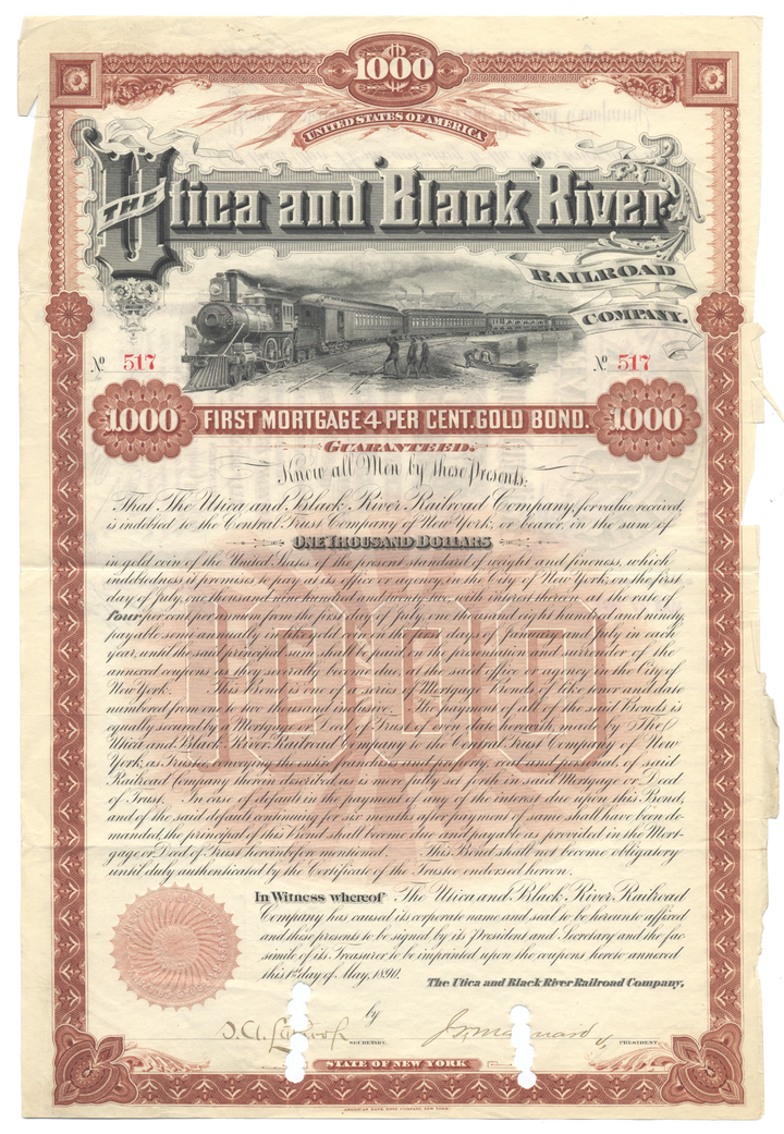 Utica and Black River Railroad Company Bond Certificate