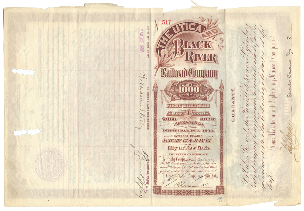 Utica and Black River Railroad Company Bond Certificate