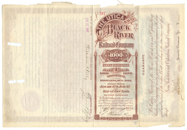 Utica and Black River Railroad Company Bond Certificate