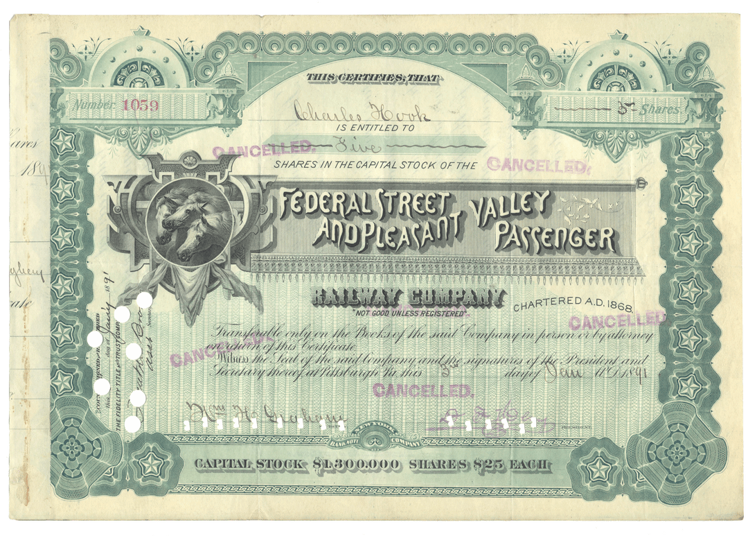 Vintage stock certificate for Federal Street and Pleasant Valley Passenger Railway Company with decorative elements.