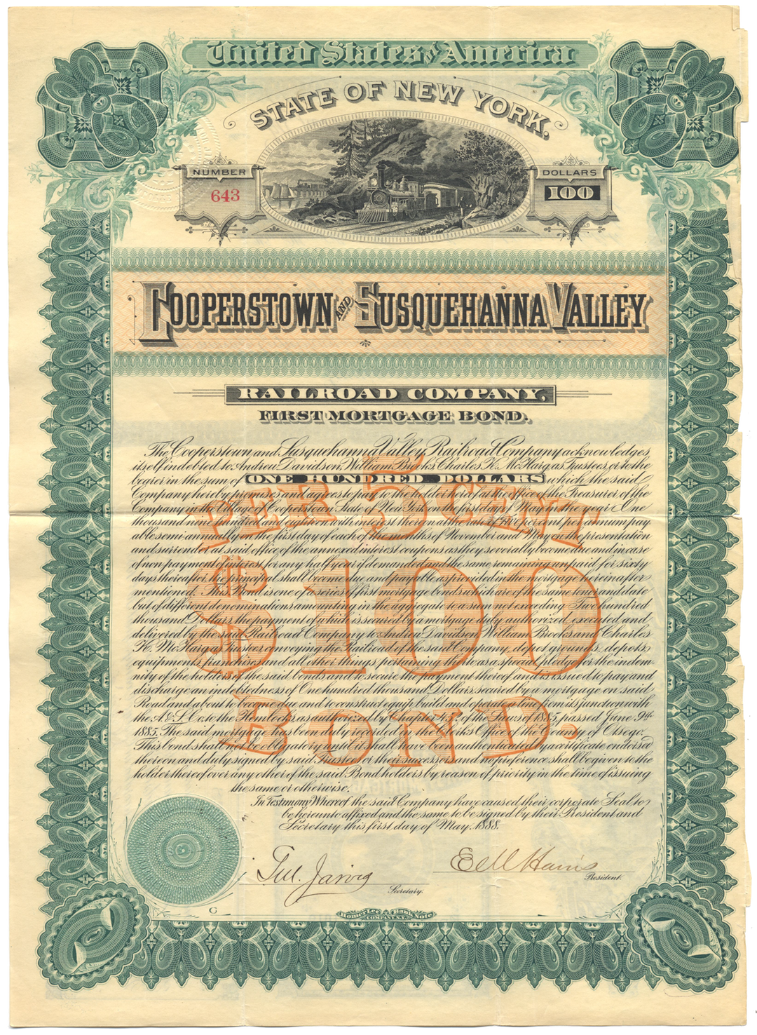 Cooperstown and Susquehanna Valley Railroad Company Bond Certificate