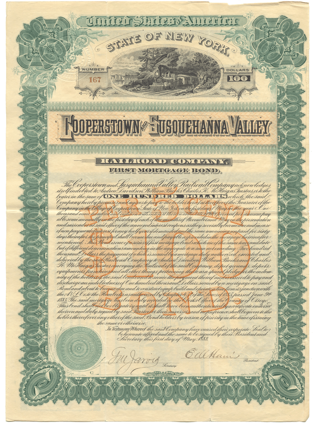 Cooperstown and Susquehanna Valley Railroad Company bond certificate dated 1888