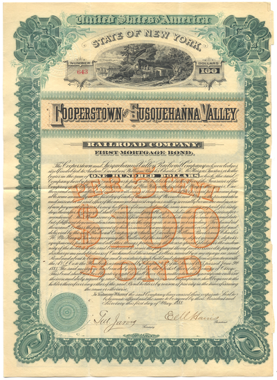 Cooperstown and Susquehanna Valley Railroad Company Bond Certificate