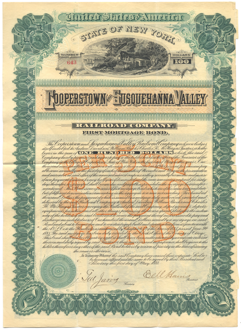Cooperstown and Susquehanna Valley Railroad Company Bond Certificate