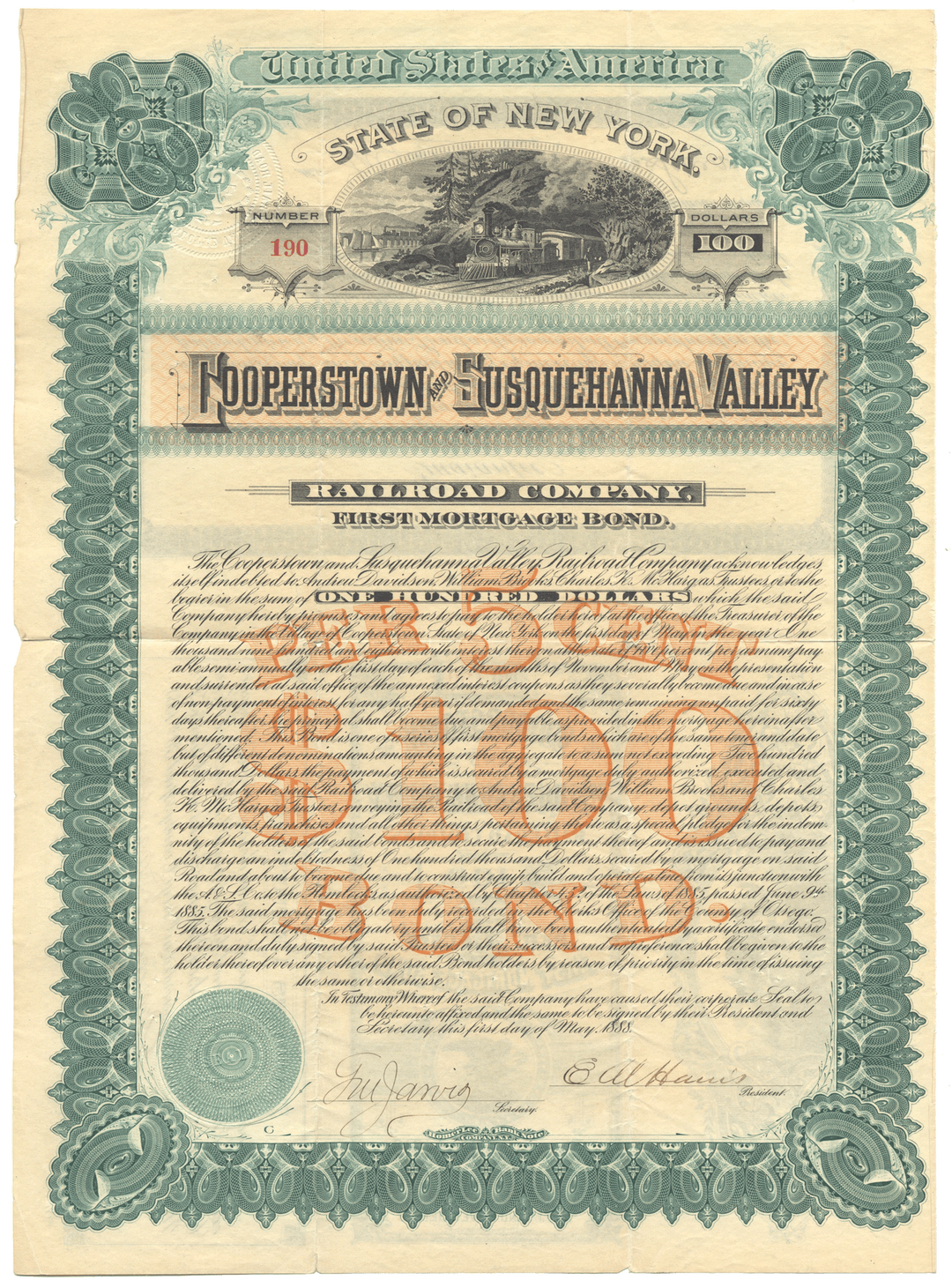Cooperstown and Susquehanna Valley Railroad Company bond certificate