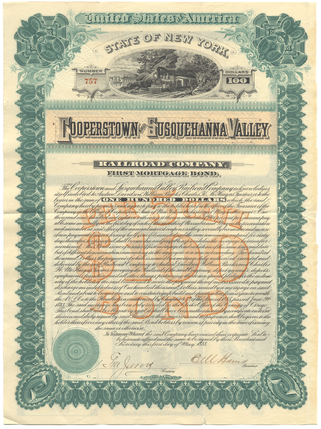 Vintage railroad bond certificate from Cooperstown and Susquehanna Valley Railroad Company, from the State of New York.