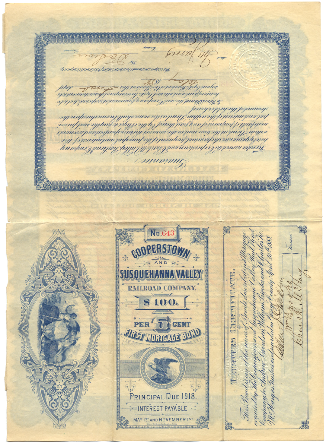 Cooperstown and Susquehanna Valley Railroad Company Bond Certificate