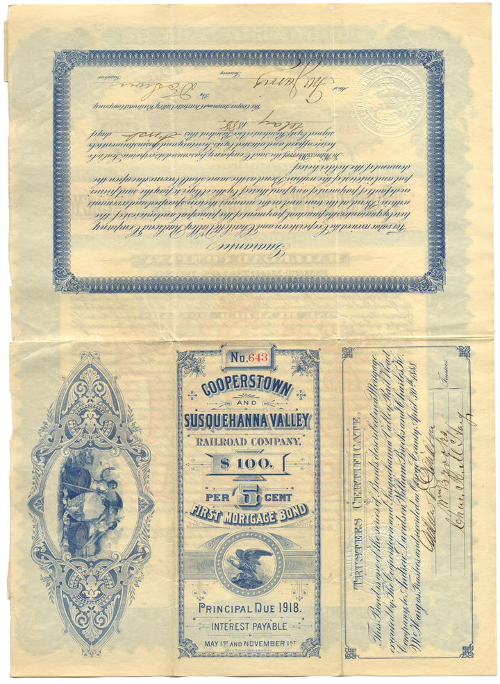 Cooperstown and Susquehanna Valley Railroad Company Bond Certificate