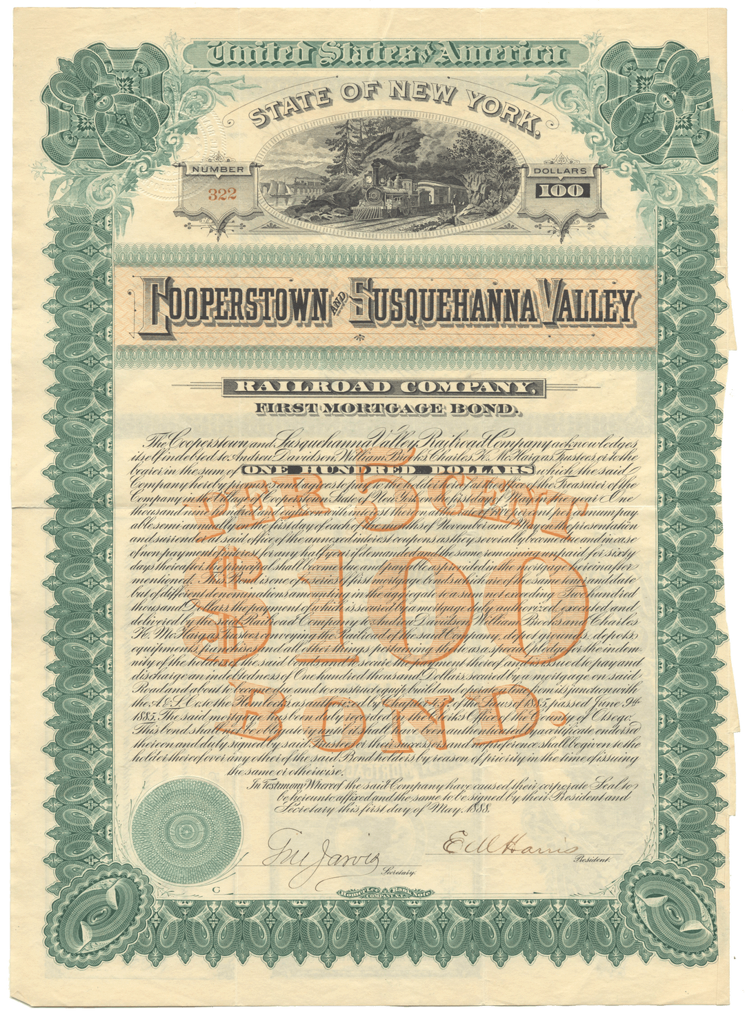Cooperstown and Susquehanna Valley Railroad Company Bond Certificate