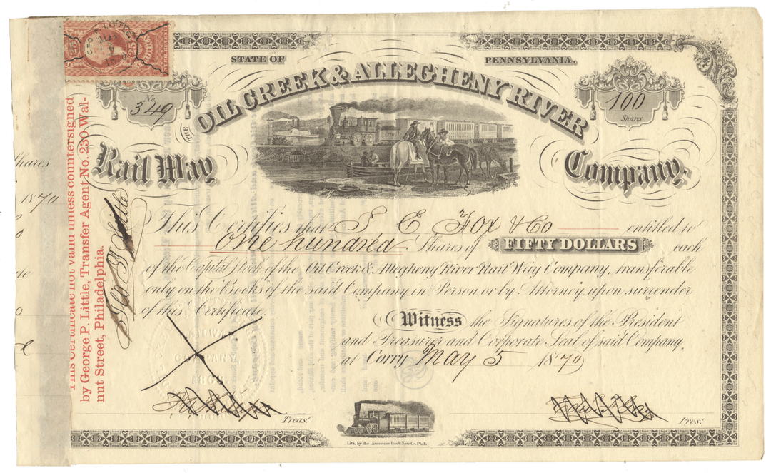 Old Creek & Allegheny River Rail Way Company stock certificate from 1870