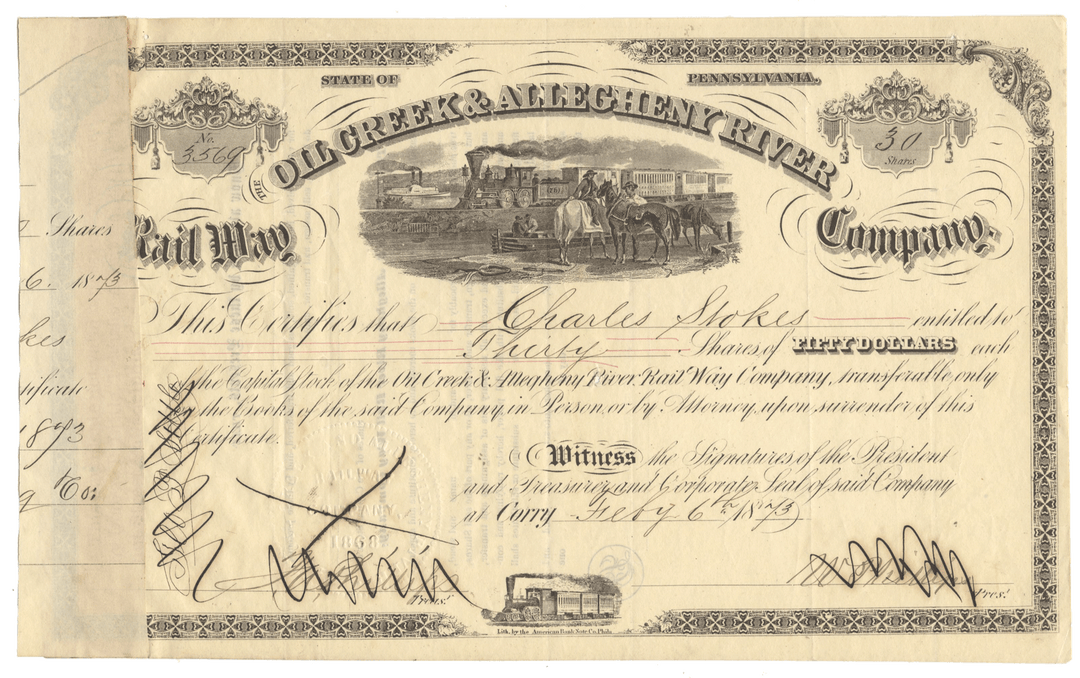 Vintage stock certificate for Oil Creek & Allegheny River Rail Way Company from 1873