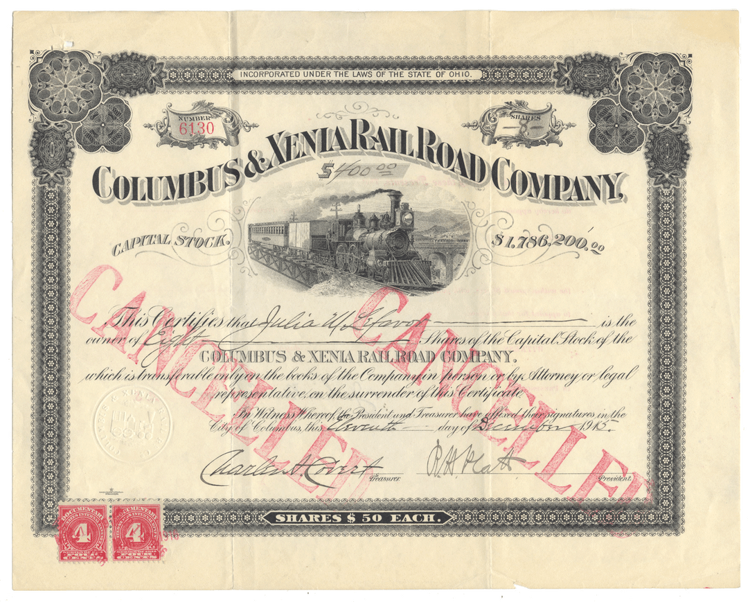 Columbus & Xenia Railroad Company stock certificate with decorative border and train illustration.