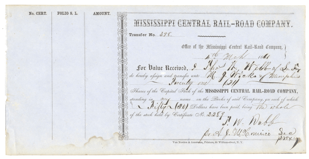 Mississippi Central Rail-Road Company Stock Certificate