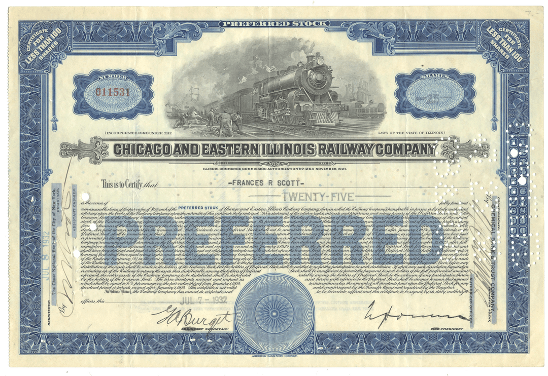 Vintage stock certificate for the Chicago and Eastern Illinois Railway Company with a steam locomotive illustration from 1932