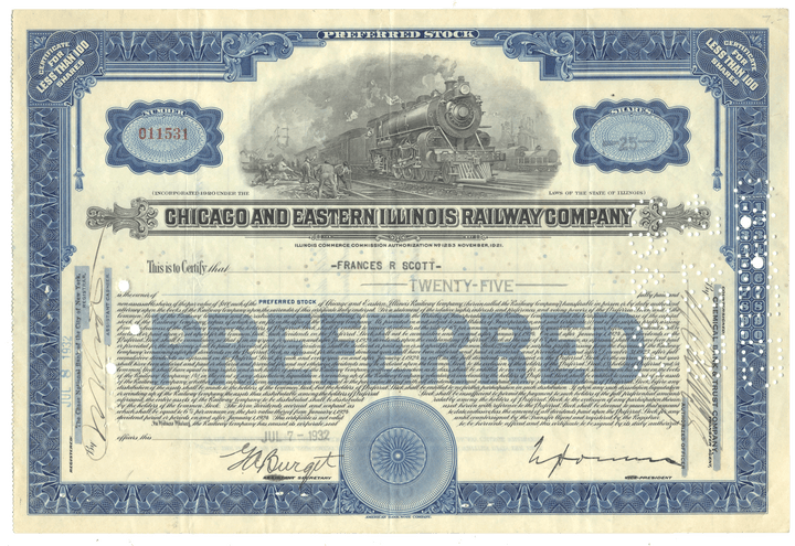 Vintage stock certificate for the Chicago and Eastern Illinois Railway Company with a steam locomotive illustration from 1932
