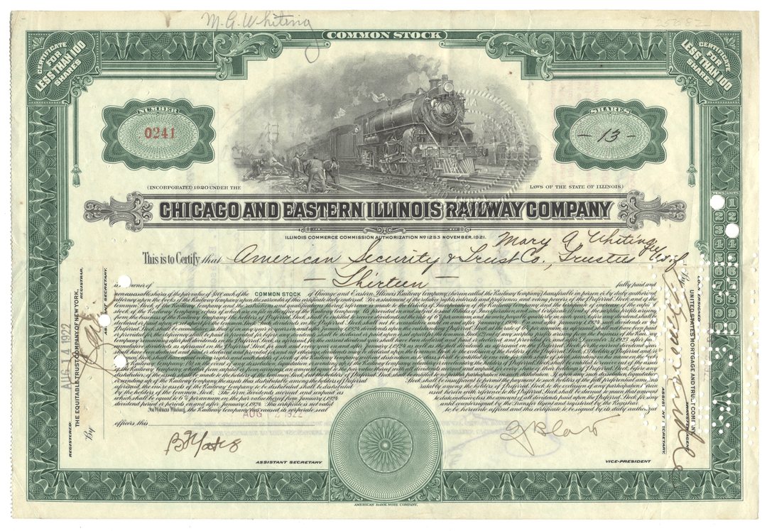 Stock certificate of the Chicago and Eastern Illinois Railway Company with a train illustration from 1922