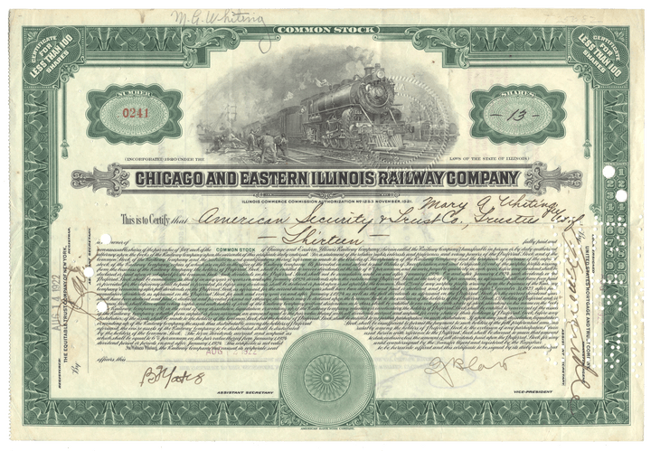 Stock certificate of the Chicago and Eastern Illinois Railway Company with a train illustration from 1922