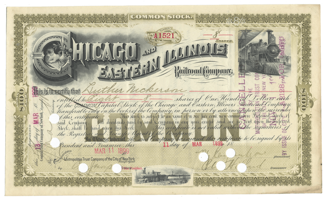 Vintage stock certificate for the Chicago and Eastern Illinois Railroad Company from 1899
