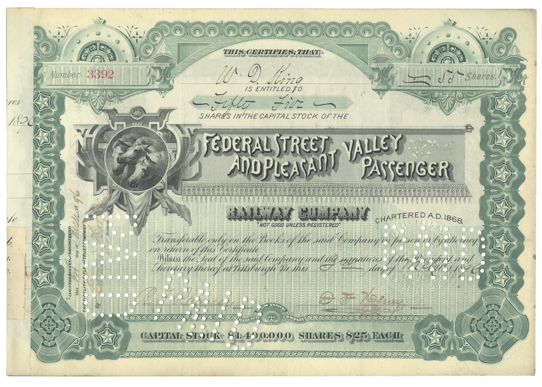 Vintage stock certificate for the Federal Street Valley & Pleasant Valley Passenger Railway Company from 1896