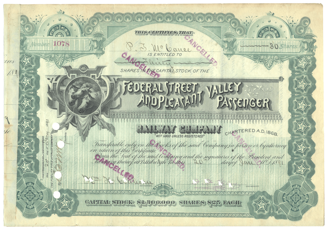 Vintage stock certificate for Federal Street Valley and Pleasant Passenger Railway Company with decorative elements.