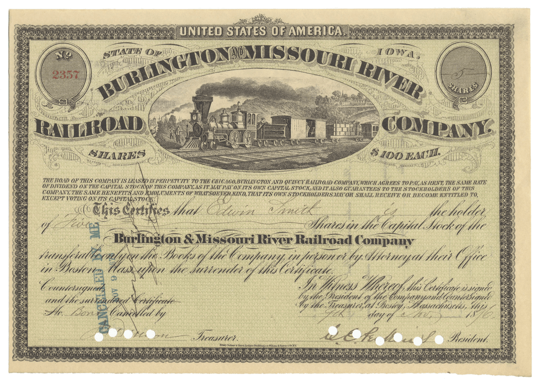Burlington and Missouri River Railroad Company Stock Certificate