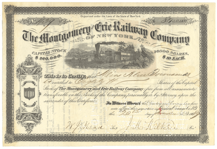 Montgomery and Erie Railway Company Stock Certificate