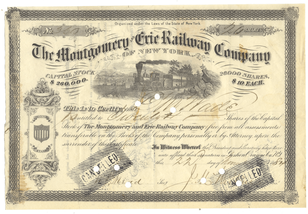 An antique stock certificate from The Montgomery & Erie Railway Company, dated 1884, with a central illustration of a steam locomotive.