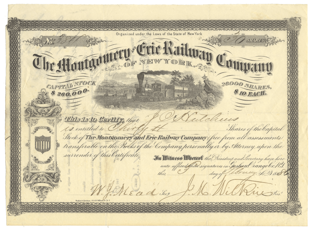 Montgomery and Erie Railway Company of New York Stock Certificate