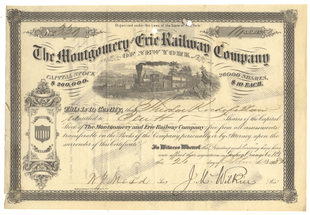 Historical stock certificate from the Montgomery and Erie Railway Company of New York from 1882