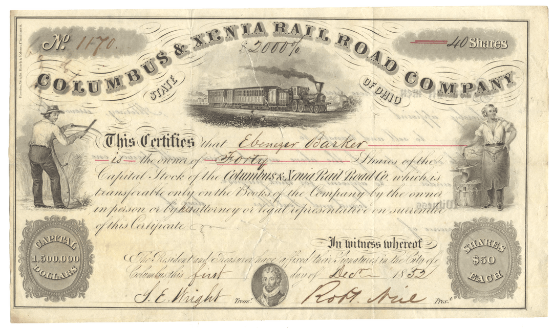 Historical stock certificate for the Columbus & Xenia Rail Road Company with a steam locomotive illustration.