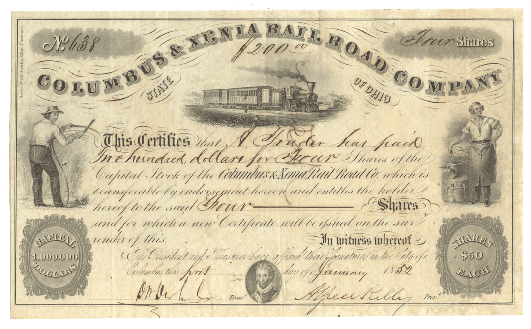 Historical stock certificate for the Columbus & Xenia Rail Road Company from 1852.