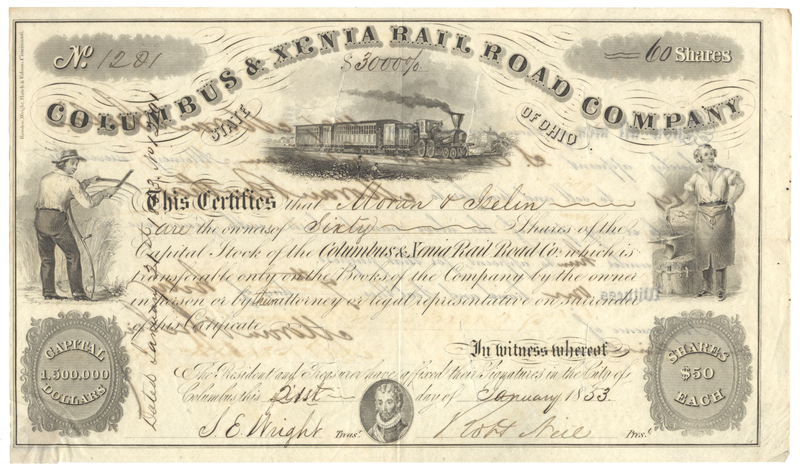 Columbus & Xenia Rail Road Company Stock Certificate