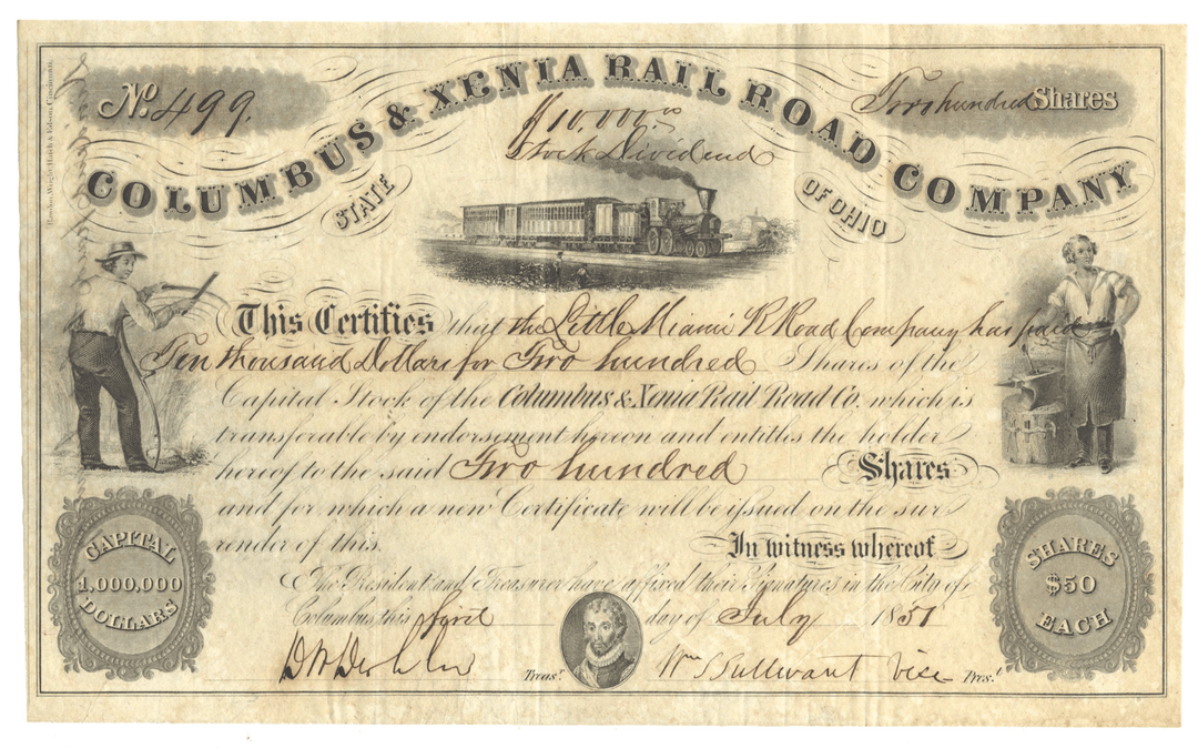 Historical stock certificate for the Columbus & Xenia Railroad Company with illustrations of a locomotive and workers dated 1851