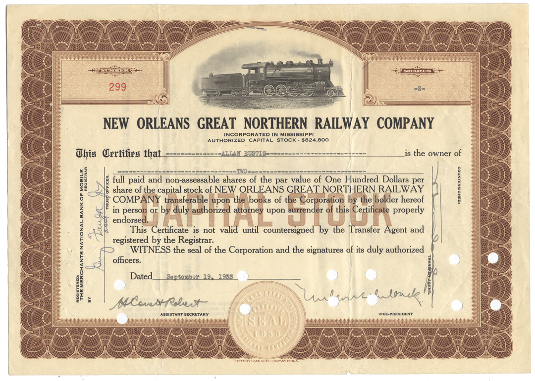 New Orleans Great Northern Railway Company Stock Certificate