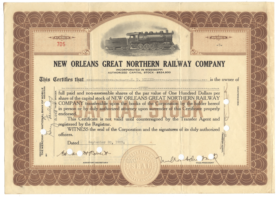 New Orleans Great Northern Railway Company stock certificate with a steam locomotive illustration.