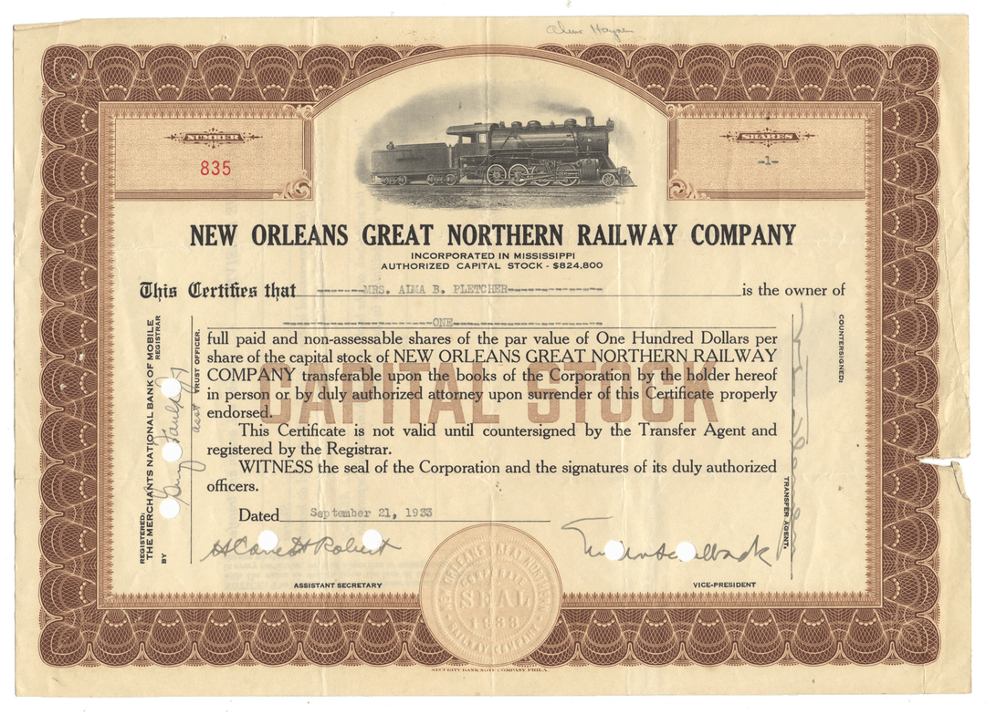 New Orleans Great Northern Railway Company stock certificate with train illustration from 1933