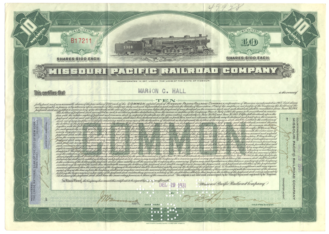 Missouri Pacific Railroad Company Stock Certificate