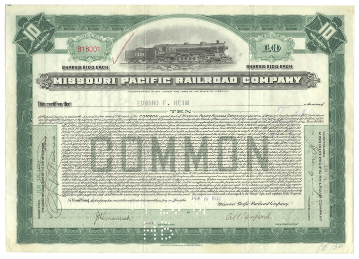 Share certificate of the Missouri Pacific Railroad Company with a steam locomotive illustration.