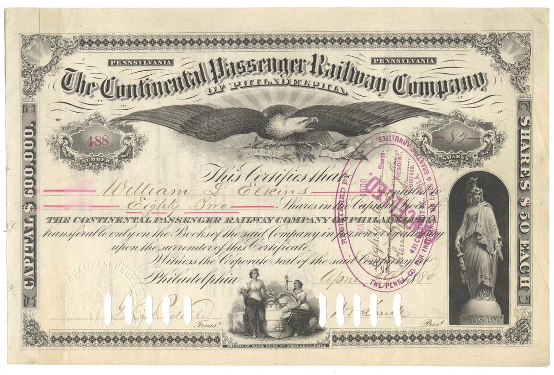 Historical stock certificate of the Continental Passenger Railroad Company with decorative elements and text.