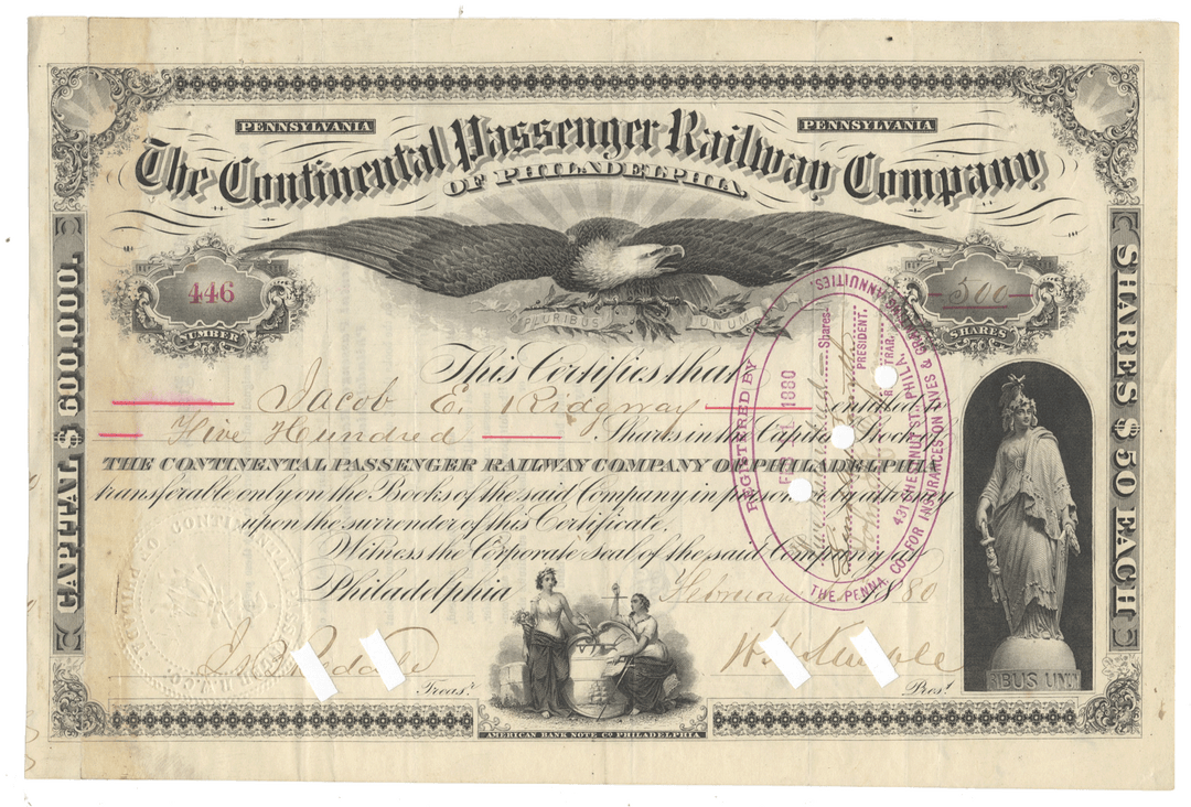 A vintage black-and-white stock certificate from The Continental Passenger Railway Company of Philadelphia, dated 1880