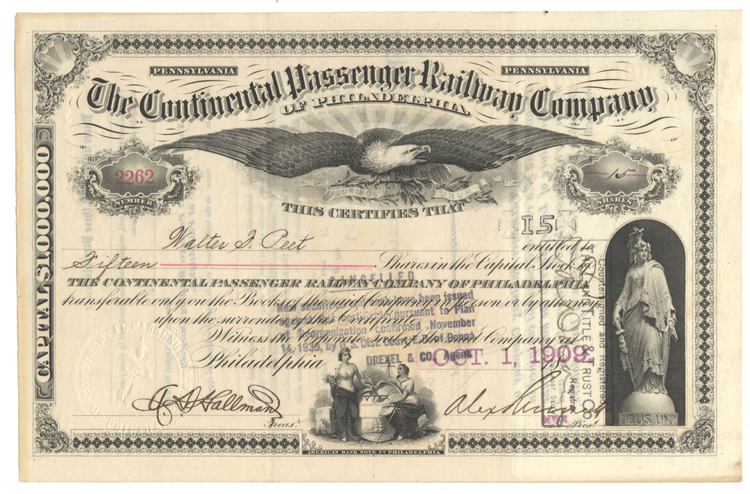 An antique stock certificate from The Continental Passenger Railway Company of Philadelphia, dated 1909