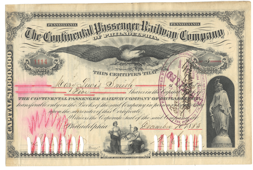 Vintage stock certificate of the Continental Passenger Railway Company with decorative elements and an eagle emblem.
