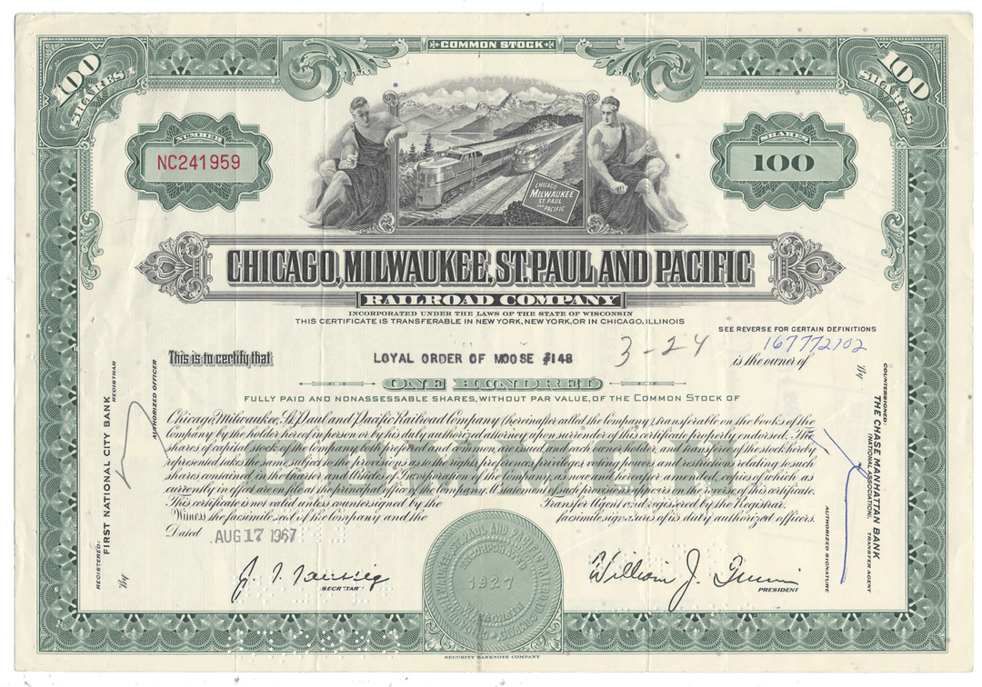 Chicago, Milwaukee, St. Paul and Pacific Railroad Company stock certificate dated 1967