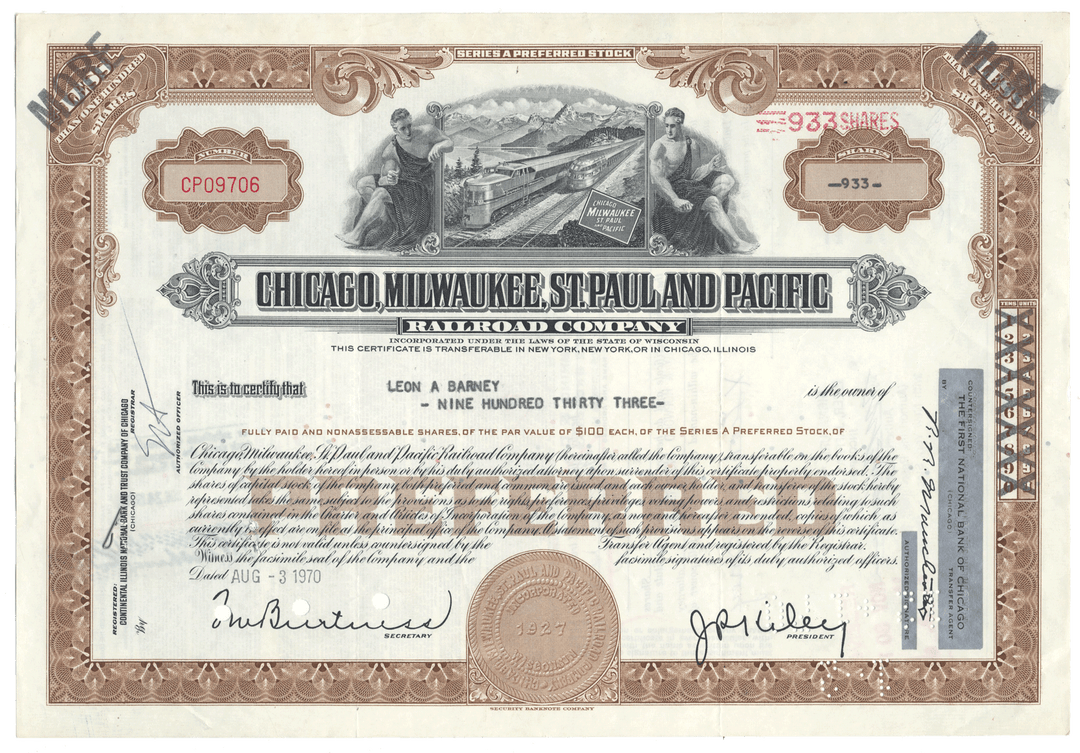 A vintage Chicago, Milwaukee, St. Paul and Pacific Railroad Company stock certificate dated 1970
