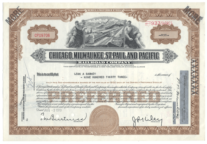 A vintage Chicago, Milwaukee, St. Paul and Pacific Railroad Company stock certificate dated 1970